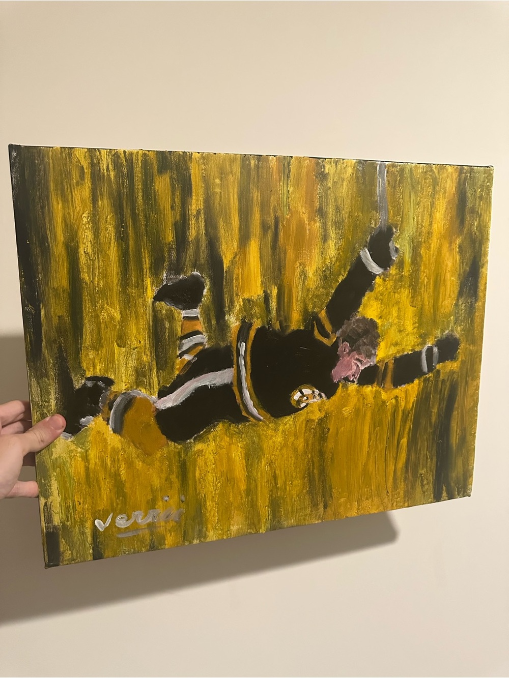 Bruins Hand-Painted flying goal 16x20 Canvas painting Boston garden